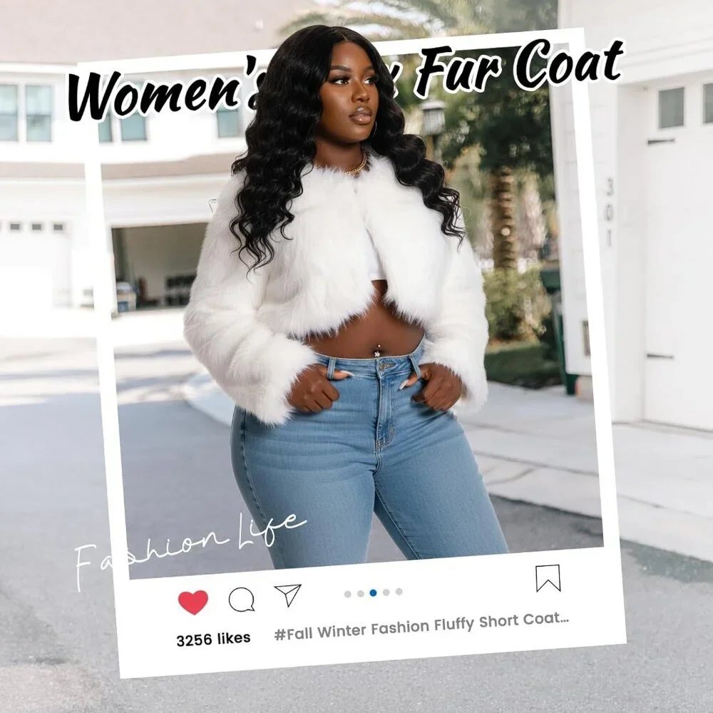 〽️Women's White WELLATENT Plus Cropped Faux Fur Fluffy Fuzzy Fall Jacket - Picture 3 of 6
